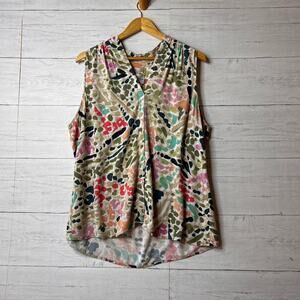 Nic + Zoe Blouse Womens Size XL Color Splash Abstract Sleeveless V Neck Pleated